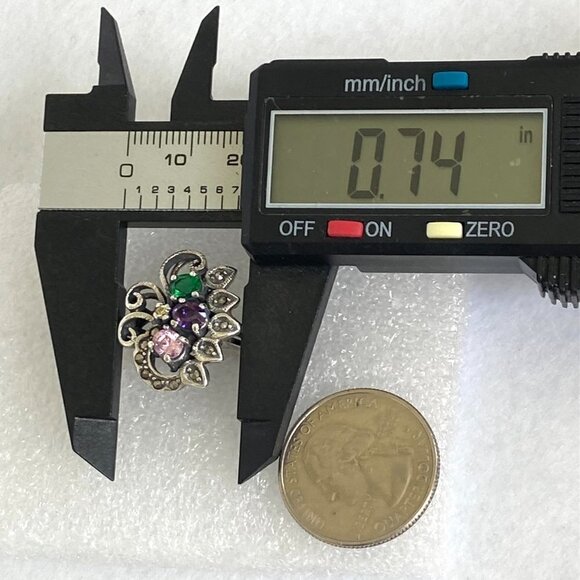 Sterling Silver 925 Multi Colored CZ Marcasite Floral Flower Cluster Ring Sz 8 - Picture 14 of 16